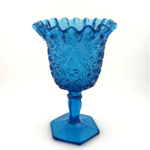 VTG MCM LE Smith Pressed Glass DAISY & BUTTON Blue Ruffled 6 1/2" Compote Vase - Picture 7 of 10